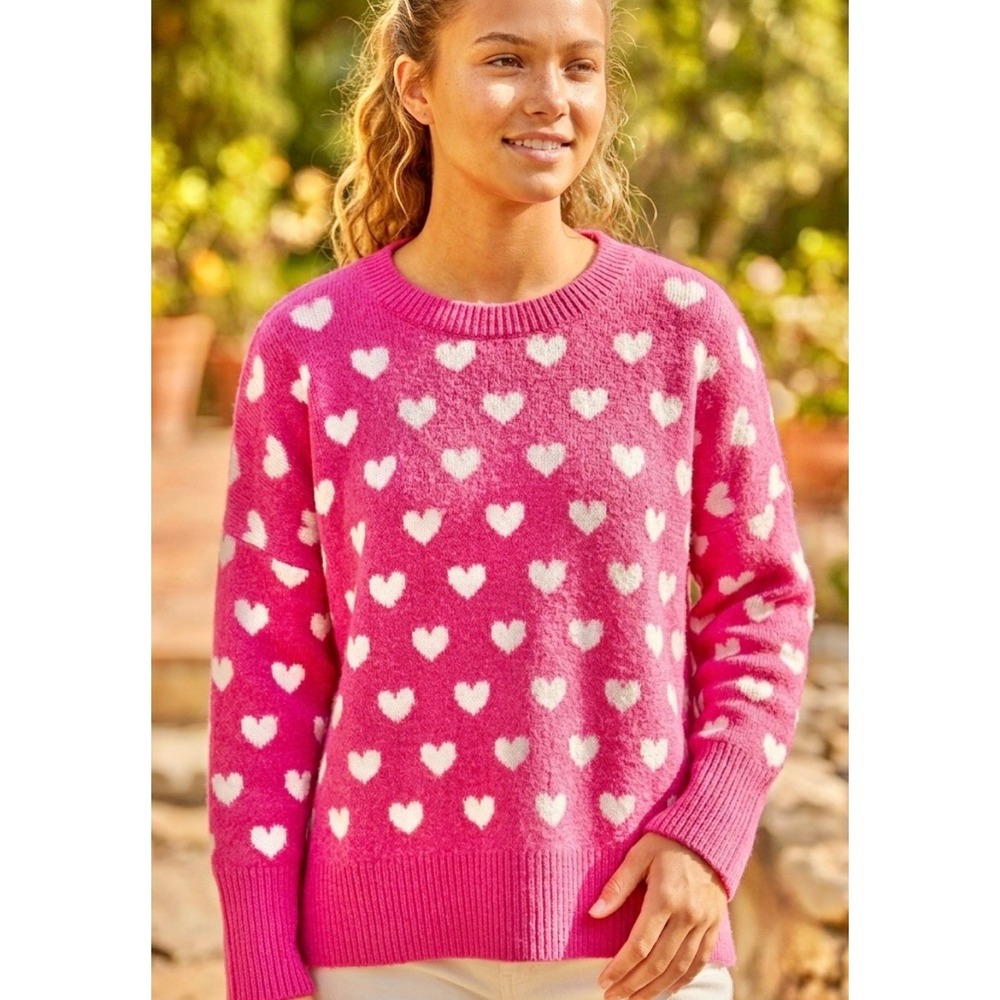 Vince Camuto Pink Heart Intarsia Knit Crewneck Sweater Size XXL Pullover Style